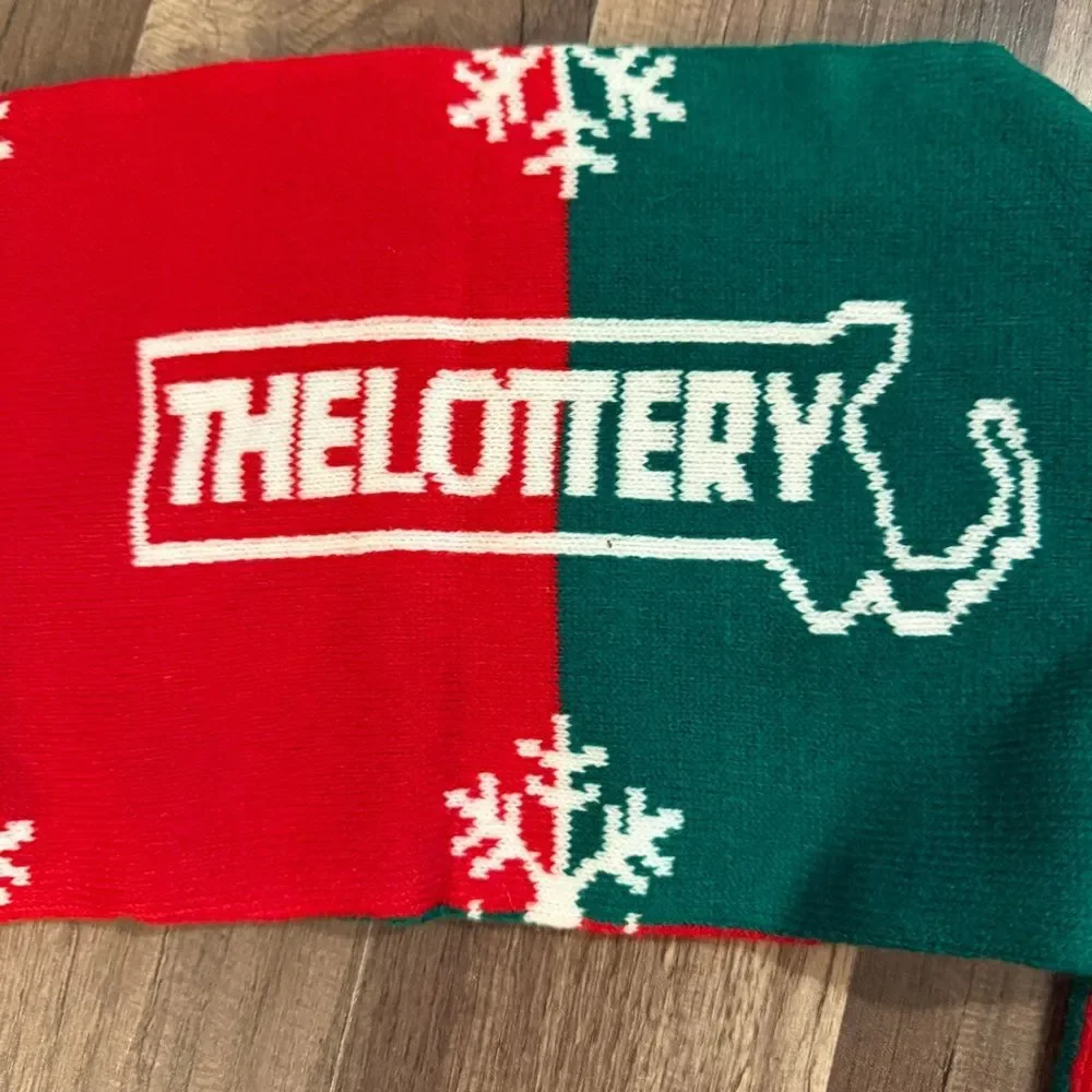 Mass. Lottery Promotional Red and Green Holiday Scarf with Fringe